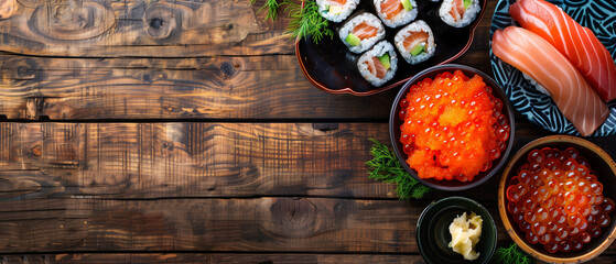 Japanese Seafood background with Japanese Shell, Salmon roe and Tuna of Japanese Sashimi dish on...