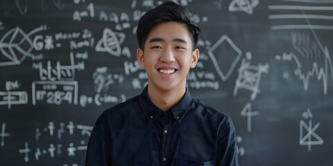 A smiling young Asian man stands confidently in front of a blackboard filled with complex mathematical formulas, symbolizing academic success.
