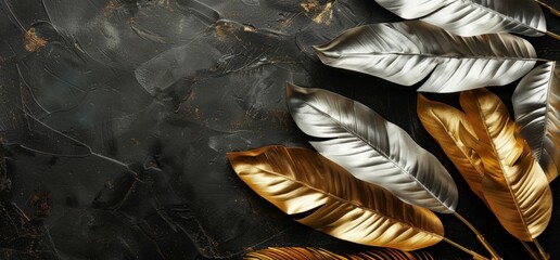 Various gold and silver leaves displayed on a dark black background, creating a striking contrast and elegant composition