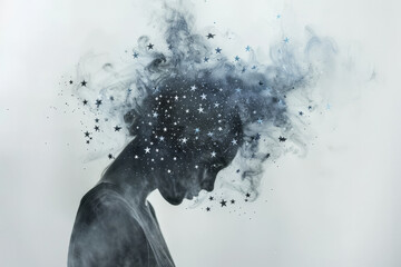 An abstract image of a person with a headache, their head surrounded by a series of stars. The stars symbolize the disorienting effect of a severe headache - obrazy, fototapety, plakaty