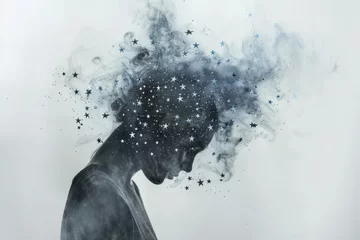 Fotobehang An abstract image of a person with a headache, their head surrounded by a series of stars. The stars symbolize the disorienting effect of a severe headache © Formoney