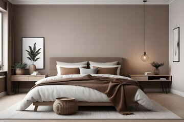 Fototapeta na wymiar luxury studio apartment with a free layout in a loft style in light colors. Stylish modern, cozy bedroom area with fireplace.