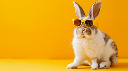 cool easter bunny rabbith with sunglasses, isolated on yellow background, copy and text space,...