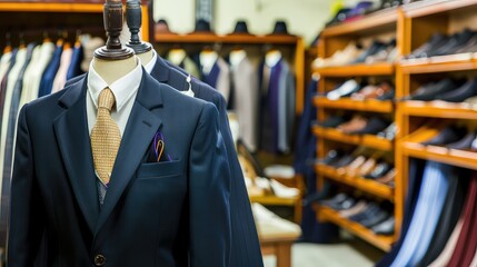A new stylish suit on a mannequin awaits its customer in the atelier workshop. Classic and comfortable, this suit is designed to make a lasting impression.