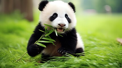 A panda eats a large bamboo stalk. Satisfying crunch of bamboo for the adorable panda.