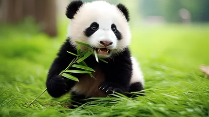 Poster Im Rahmen A panda eats a large bamboo stalk. Satisfying crunch of bamboo for the adorable panda. © Stavros's son