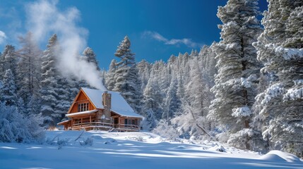 A quaint wooden cabin with smoke rising from the chimney nestles in a snow-blanketed forest, creating a scene of winter tranquility. Resplendent.
