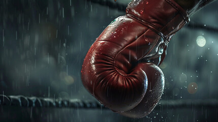 Boxing gloves in the rain on a dark background. Close-up. AI.