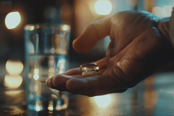 A close-up shot of a person hand holding a pill, with a glass of water in the background. - obrazy, fototapety, plakaty
