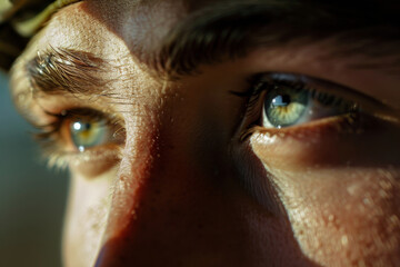 A close-up shot of a soldier face, their eyes reflecting the warmth of their home. The image...