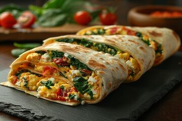 Luxurious Morning Breakfast Wrap with Spinach and Feta on Slate Plate
