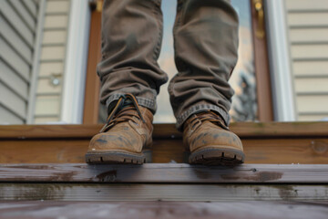 A close-up shot of a war veteran boots as they step onto the porch of their home.