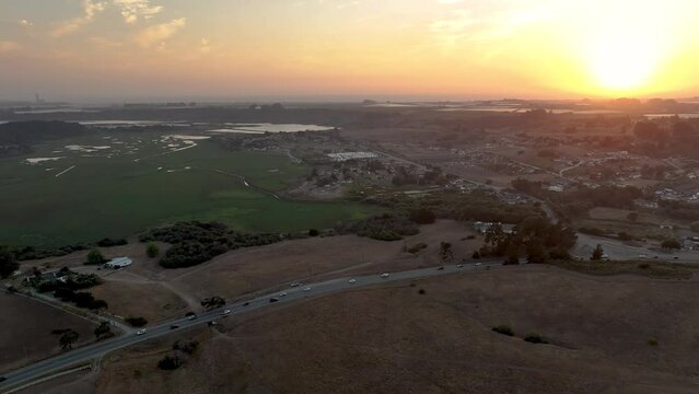 Drone shot over Las Lomas, California, USA at sunrise