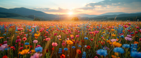 A breathtaking sunset illuminates a vibrant field of multicolored wildflowers, casting a golden hue over the serene landscape surrounded by distant mountains.