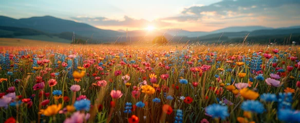 Foto op Plexiglas A breathtaking sunset illuminates a vibrant field of multicolored wildflowers, casting a golden hue over the serene landscape surrounded by distant mountains. © Valeriy