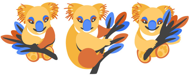 Koala set. Vector cute bright collection of koala bears isolated on white background