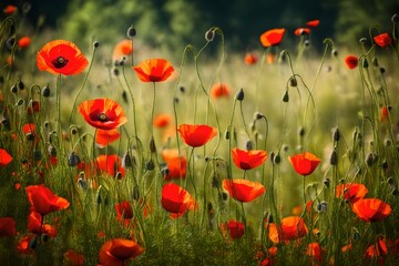 Field of blooming red poppies. Beautiful fields of red poppy