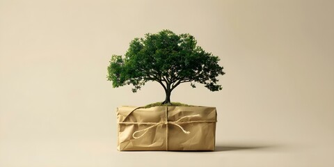 Ecommerce platform offsets carbon footprint with tree planting sustainable packaging and AI for ecoconscious online retail. Concept Ecommerce, Carbon Offsetting, Tree Planting, Sustainable Packaging - obrazy, fototapety, plakaty