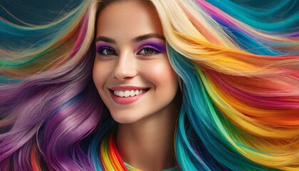 hair styled in cascading waves, each strand dyed in gradient rainbow shades, smiling beautiful woman