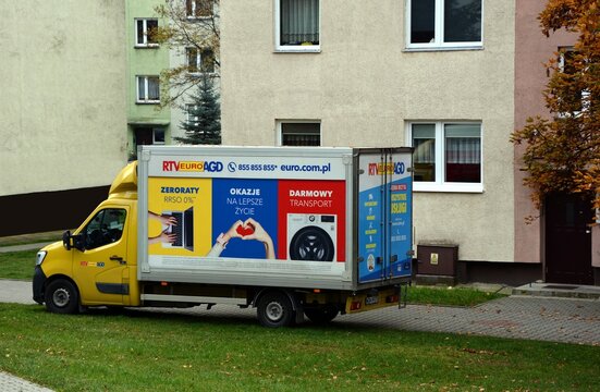 Kielce, Świętokrzyskie, Poland - 2022-10-24 - Euro RTV AGD car - delivery of electronic equipment for a housing estate with blocks of flats