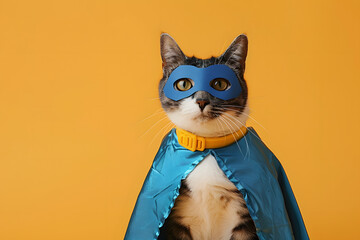 Adorable cat in blue superhero cape and mask on yellow background - obrazy, fototapety, plakaty