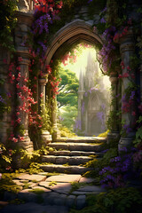 Obraz premium Enchanted Archway: Ancient Stone and Blooming Garden