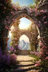Fototapeta na wymiar Enchanted Archway: Ancient Stone and Blooming Garden