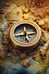 Fototapeta na wymiar Vintage Compass on Old Map