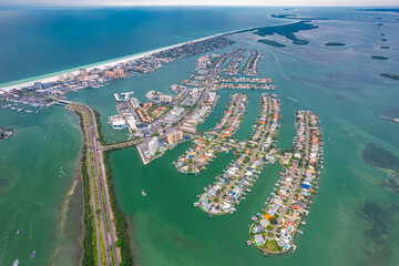 Clearwater Beach Florida. Neighborhood Island Estates. Clearwater Marine Aquarium. Ocean, Gulf of Mexico beach. Road to Downtown of Clearwater Beach FL. Summer vacation. Tropical Nature. Aerial Aerial