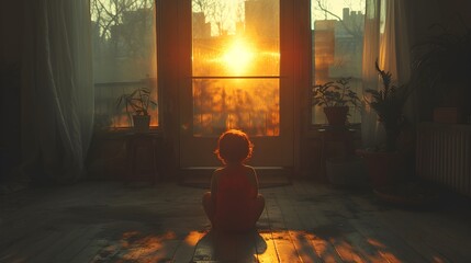 Lone child sitting in the middle of the room - obrazy, fototapety, plakaty