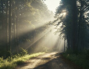 A dirt road in the middle of a forest with sunbeams shining through the trees on a foggy day
