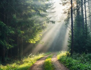 A dirt road in the middle of a forest with sunbeams shining through the trees on a foggy day