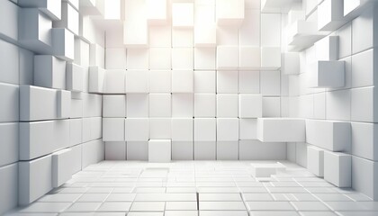 Abstract geometric white bright 3d texture wall with squares and square cubes background banner illustration with glowing lights, textured wallpaper generative ai