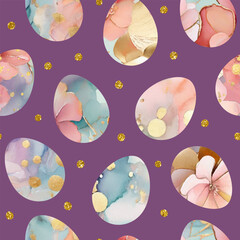 Seamless vector pattern with beautiful decorated eggs and gold sparkles. Background for design of packaging, covers, cards for Easter.