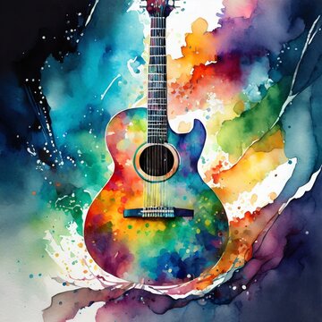 Abstract colorful guitar watercolor illustration 