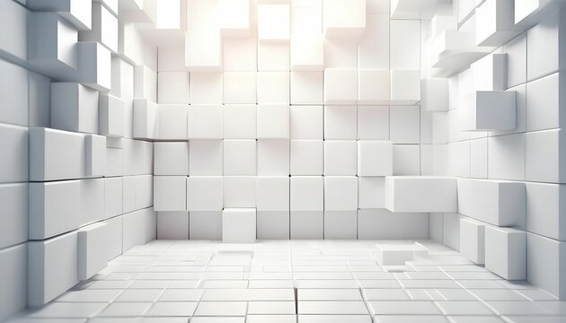 Abstract geometric white bright 3d texture wall with squares and square cubes background banner illustration with glowing lights, textured wallpaper generative ai