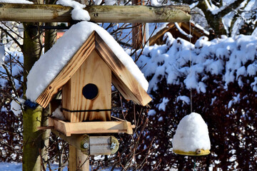 Mit Neuschnee bedecktes Vogelhäuschen und im Hintergrund eine Hecke