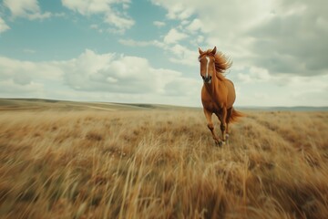 A horse galloping across an endless field. - obrazy, fototapety, plakaty