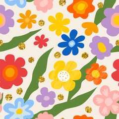 Seamless pattern with colorful flowers and gold sequins. Background suitable for cover design,greeting card,textile and more. Elegant pattern for fashion prints. Vector illustration.