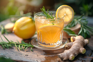 Ginger and lemon fresh cocktail, Hot ginger juice in glass and mint with slices ginger root herbal juice tea rosemary nature background - obrazy, fototapety, plakaty