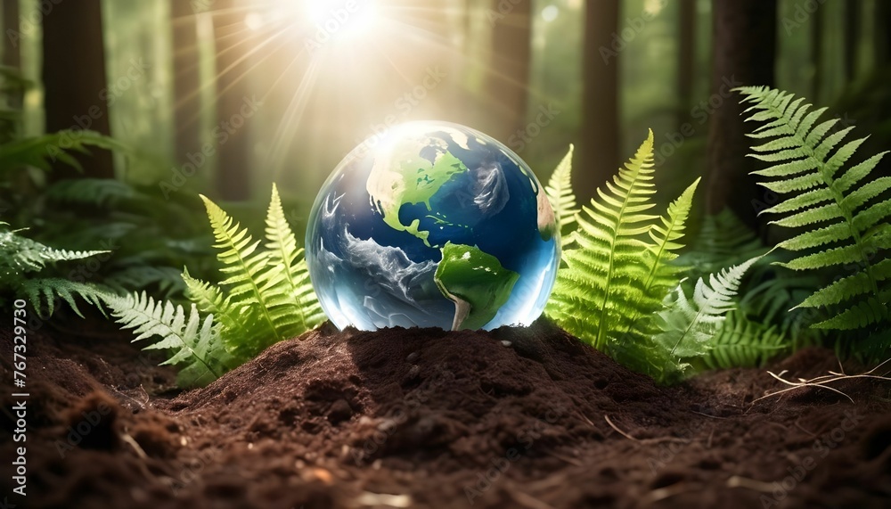 Wall mural crystal earth on soil in forest with ferns and sunlight - the environment - earth day concept create