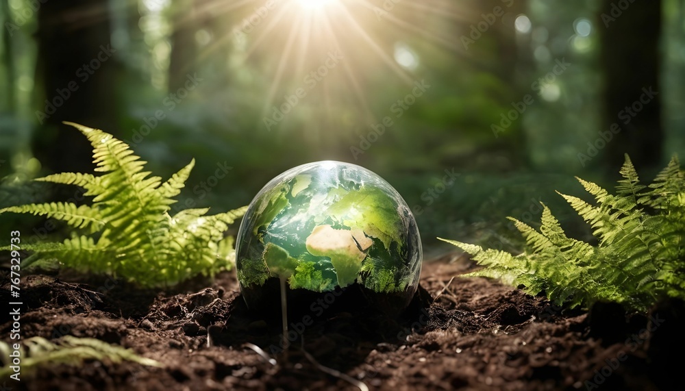 Wall mural crystal earth on soil in forest with ferns and sunlight - the environment - earth day concept create