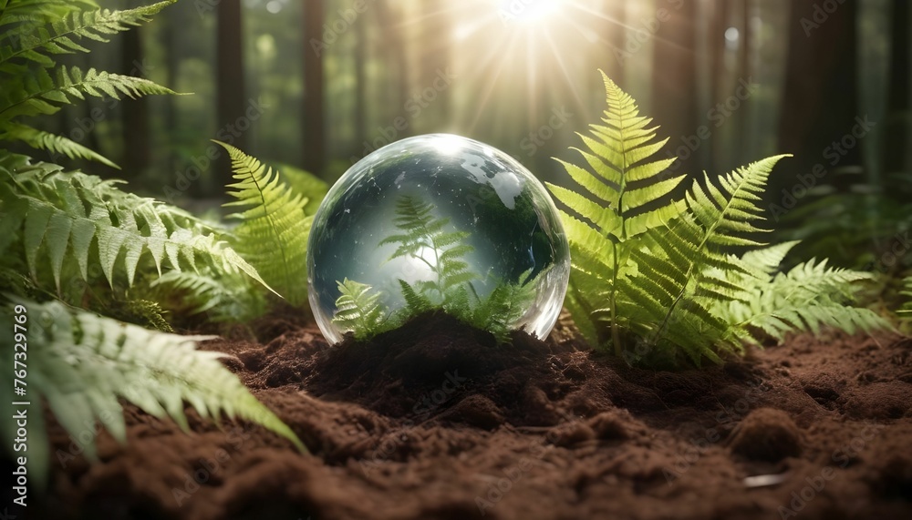 Wall mural crystal earth on soil in forest with ferns and sunlight - the environment - earth day concept create