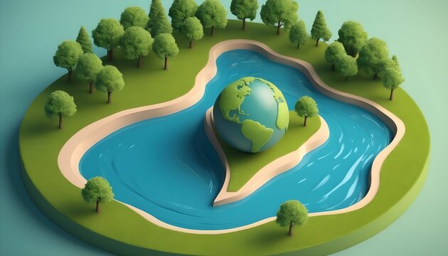Earth Day concept. 3d eco-friendly design. Earth map shapes with trees water and shadow. Save the Earth concept. Happy Earth Day, 22 April created with generative ai.