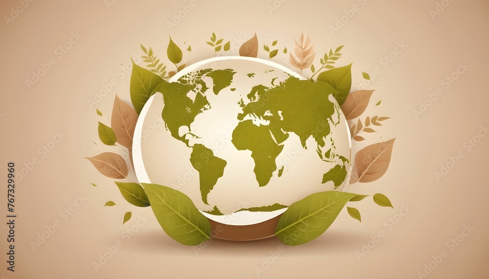 Wall mural happy earth day ecology concept. design with globe map drawing and leaves on a light brown backgroun