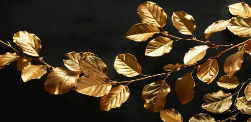 A close-up view of a branch with shimmering gold leaves standing out against a dark black background