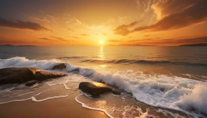 Foto auf Alu-Dibond sunset on the beach,  golden sunset, and sea landscape created with generative ai. © cd