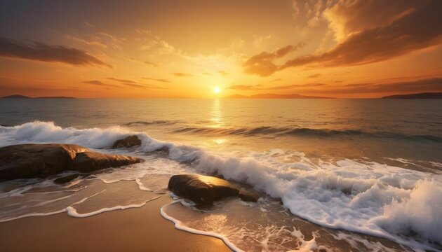 sunset on the beach,  golden sunset, and sea landscape created with generative ai.