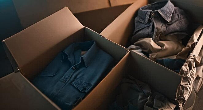 Clothes in boxes.