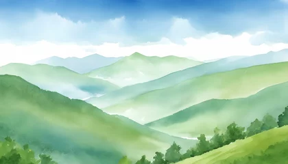 Abwaschbare Fototapete  Watercolor illustration landscape of refreshing blue sky and fresh green mountains created with generative ai. © cd